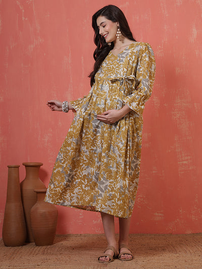 Mustard Printed Flared Maternity Dress for Women