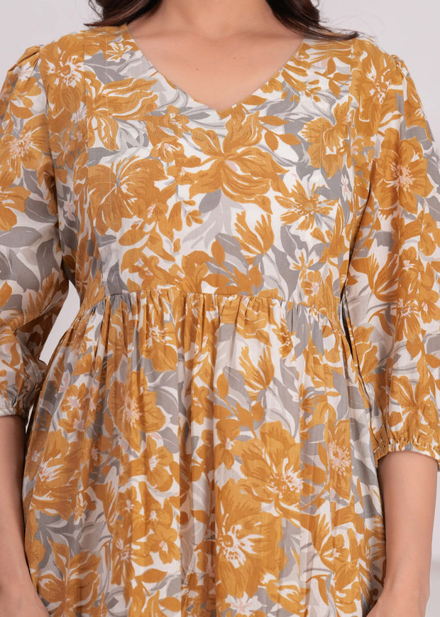 Mustard Printed Flared Maternity Dress for Women