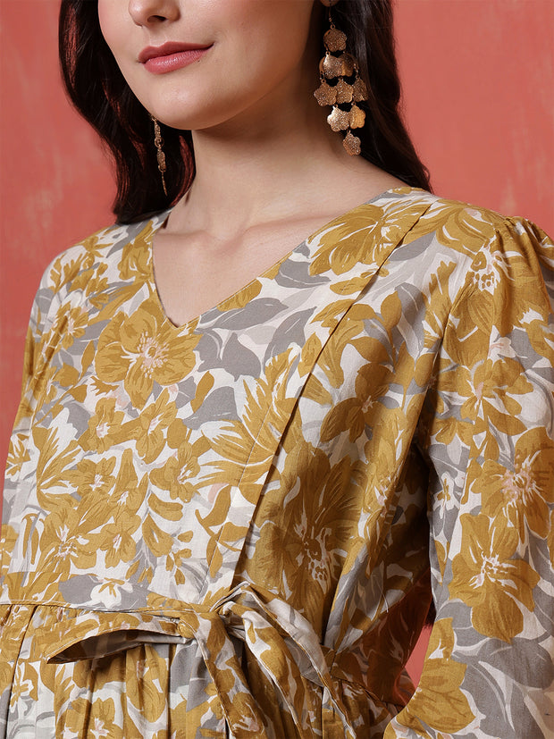 Mustard Printed Flared Maternity Dress for Women