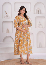 Mustard Printed Flared Maternity Dress for Women