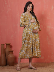 Mustard Printed Flared Maternity Dress for Women