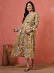 Mustard Printed Flared Maternity Dress for Women
