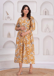 Mustard Printed Flared Maternity Dress for Women