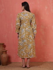 Mustard Printed Flared Maternity Dress for Women