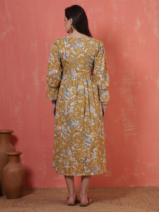 Mustard Printed Flared Maternity Dress for Women