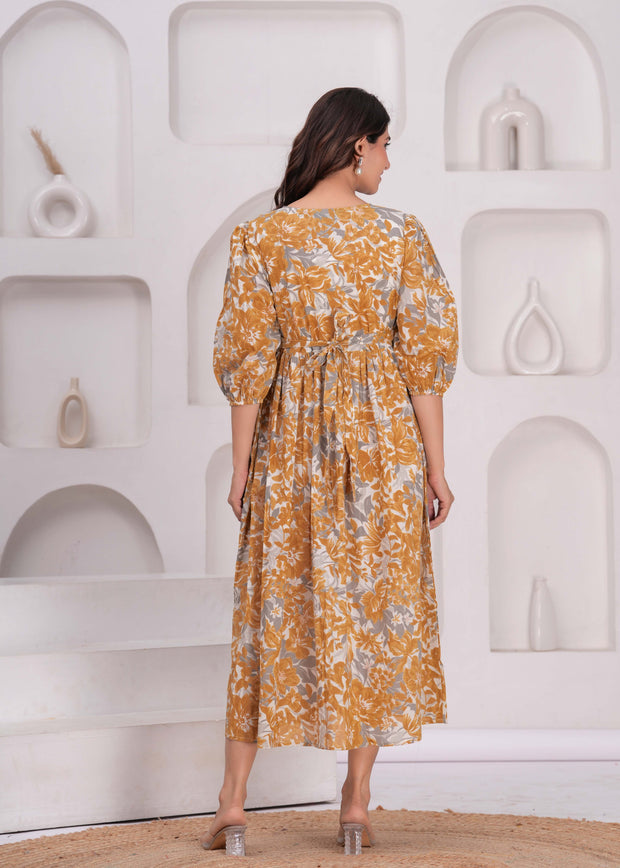 Mustard Printed Flared Maternity Dress for Women