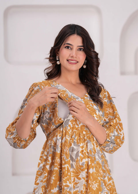 Mustard Printed Flared Maternity Dress for Women
