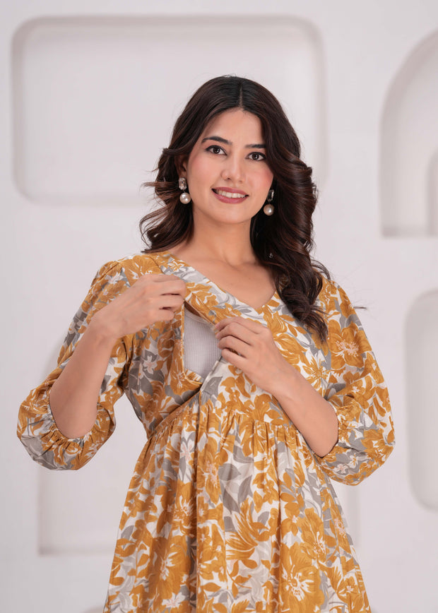 Mustard Printed Flared Maternity Dress for Women