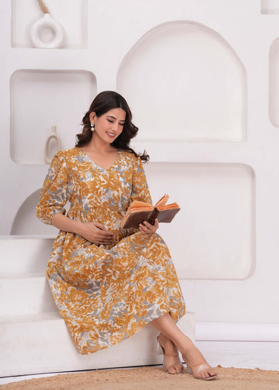 Mustard Printed Flared Maternity Dress for Women