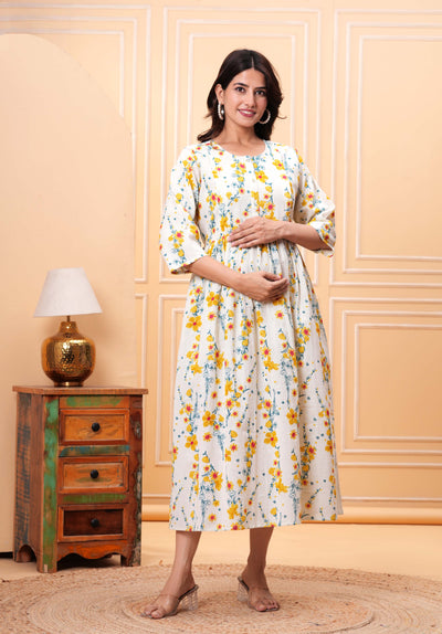 Floral Printed Flared Maternity Dress for Women