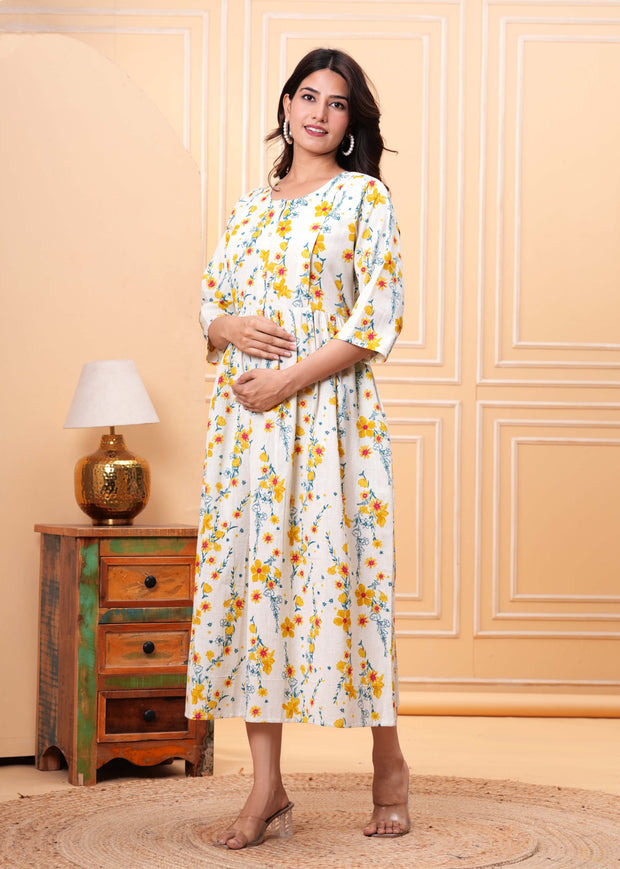 Floral Printed Flared Maternity Dress for Women