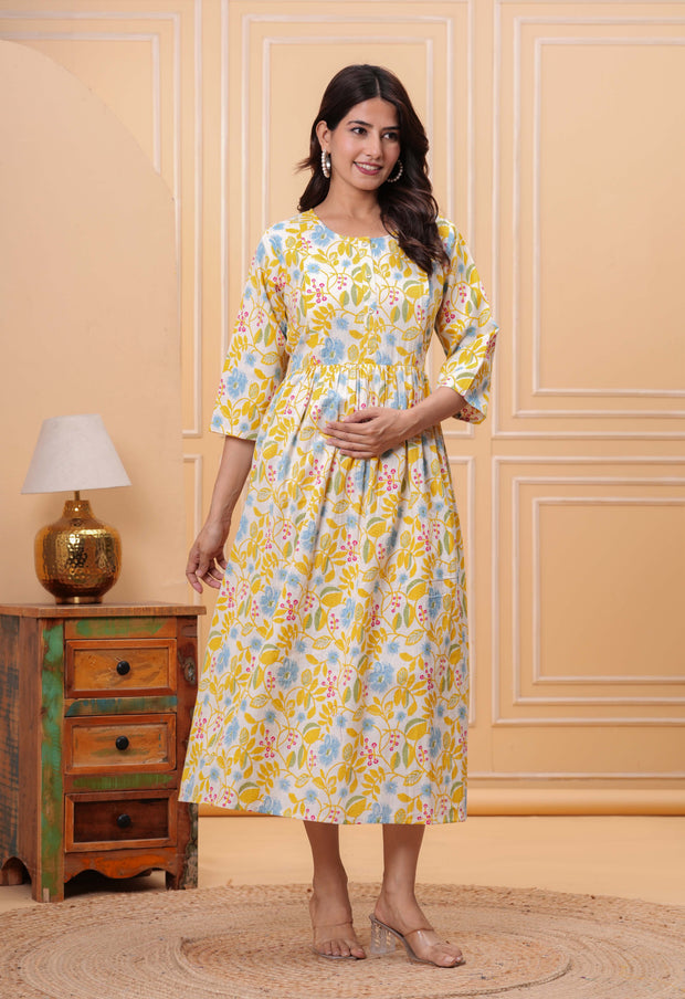 Yellow Floral Printed Flared Maternity Dress for Women