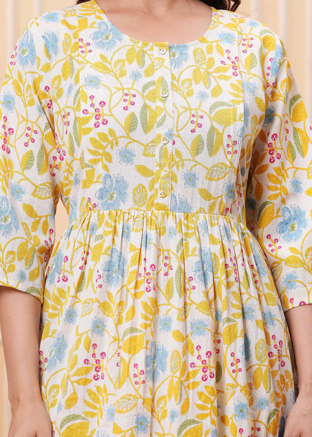 Yellow Floral Printed Flared Maternity Dress for Women