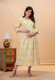 Yellow Floral Printed Flared Maternity Dress for Women