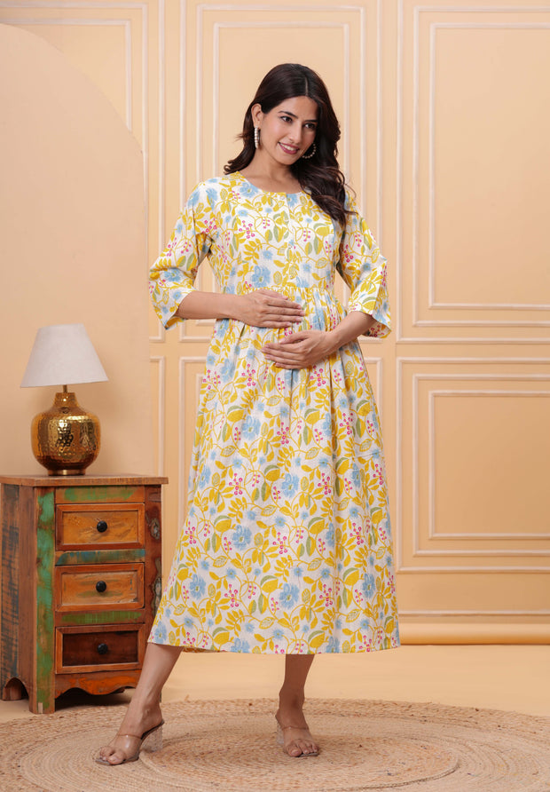 Yellow Floral Printed Flared Maternity Dress for Women