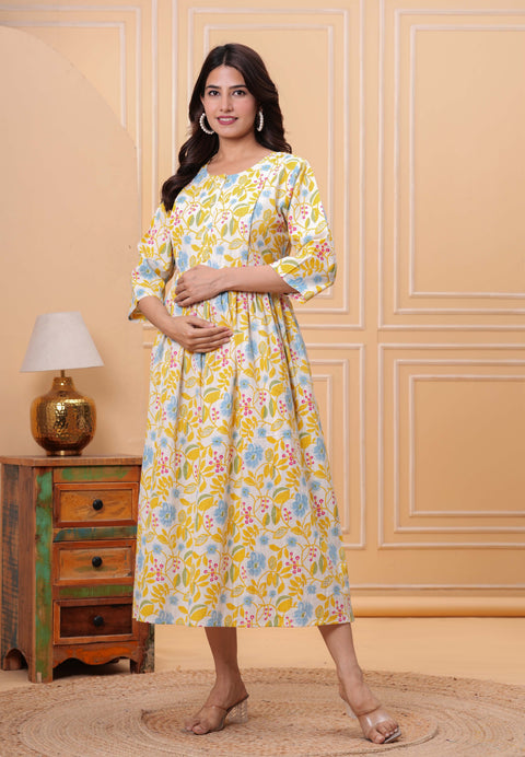 Yellow Floral Printed Flared Maternity Dress for Women