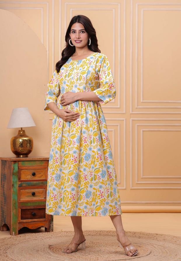 Yellow Floral Printed Flared Maternity Dress for Women