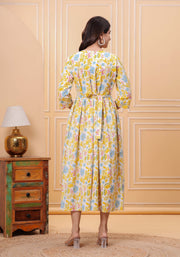 Yellow Floral Printed Flared Maternity Dress for Women
