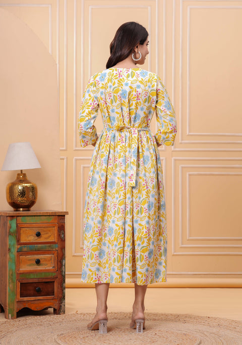 Yellow Floral Printed Flared Maternity Dress for Women
