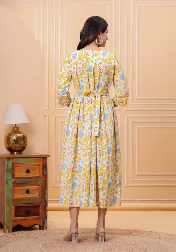 Yellow Floral Printed Flared Maternity Dress for Women