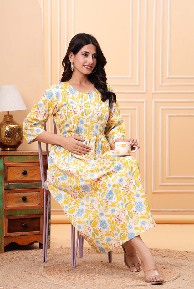 Yellow Floral Printed Flared Maternity Dress for Women