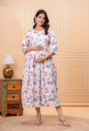 Floral Printed Flared Maternity Dress for Women