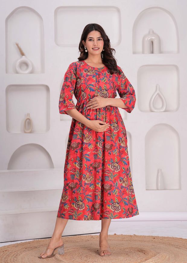 Maroon Floral Printed Flared Maternity Dress for Women