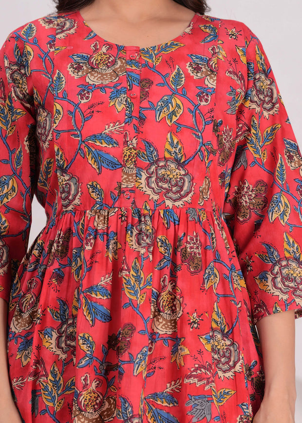 Maroon Floral Printed Flared Maternity Dress for Women