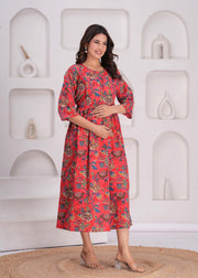 Maroon Floral Printed Flared Maternity Dress for Women