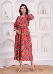 Maroon Floral Printed Flared Maternity Dress for Women