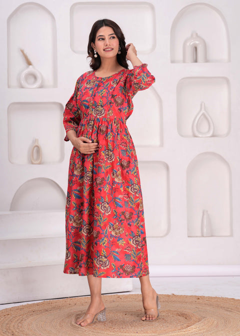 Maroon Floral Printed Flared Maternity Dress for Women