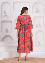 Maroon Floral Printed Flared Maternity Dress for Women