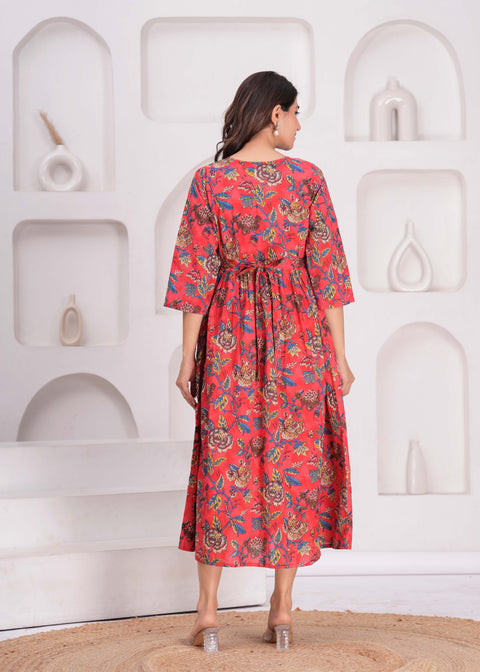 Maroon Floral Printed Flared Maternity Dress for Women