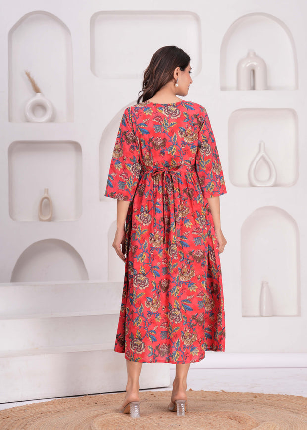 Maroon Floral Printed Flared Maternity Dress for Women