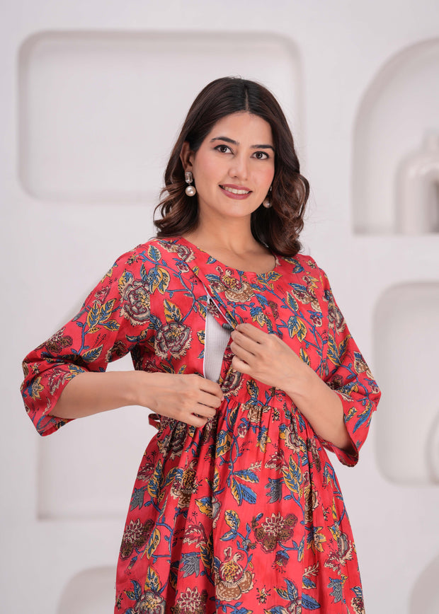 Maroon Floral Printed Flared Maternity Dress for Women