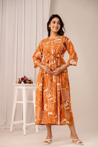 Rust Printed Maternity Dress for Women