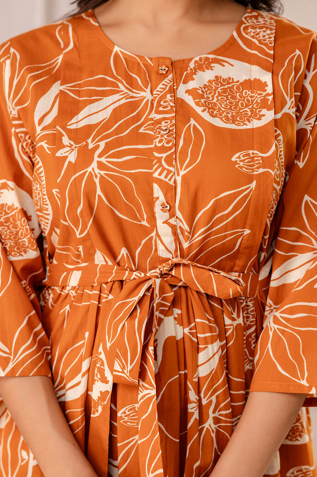 Rust Printed Maternity Dress for Women