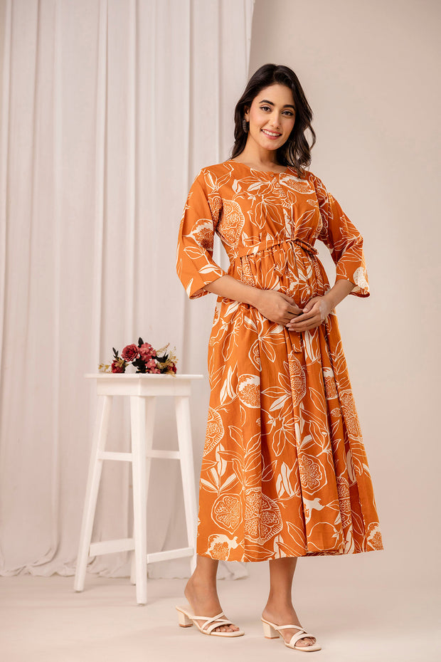 Rust Printed Maternity Dress for Women