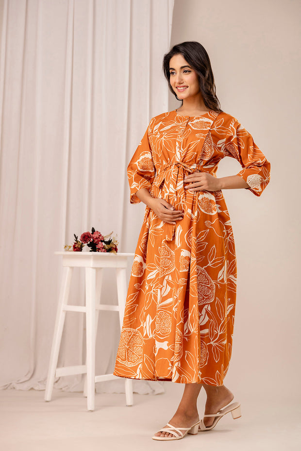 Rust Printed Maternity Dress for Women