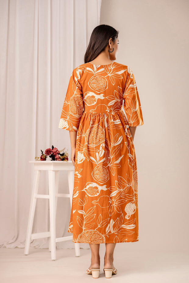 Rust Printed Maternity Dress for Women