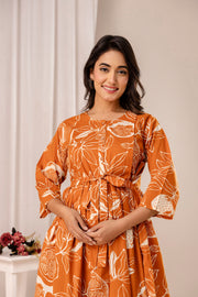 Rust Printed Maternity Dress for Women