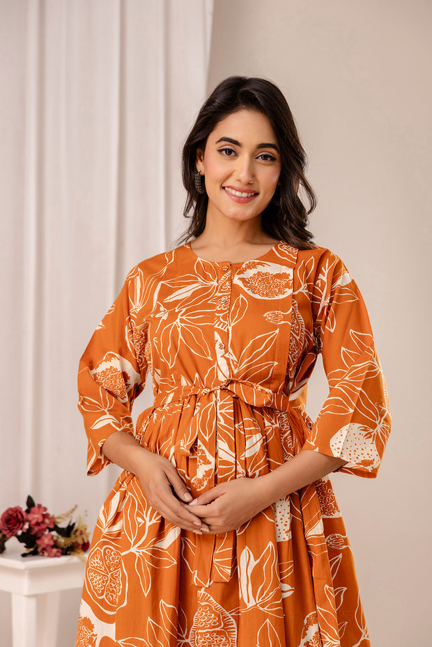 Rust Printed Maternity Dress for Women