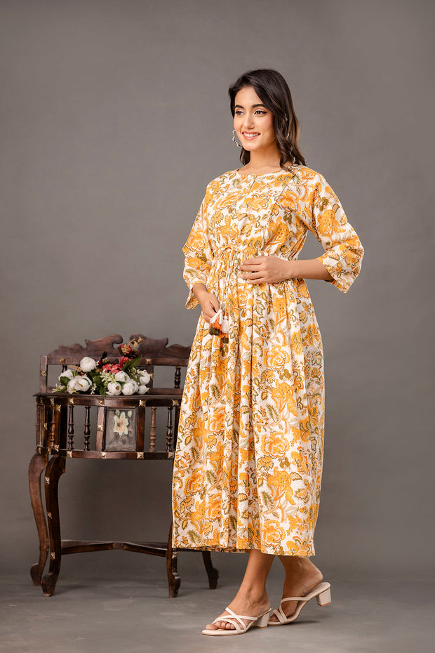 Yellow Printed Maternity Dress for Women