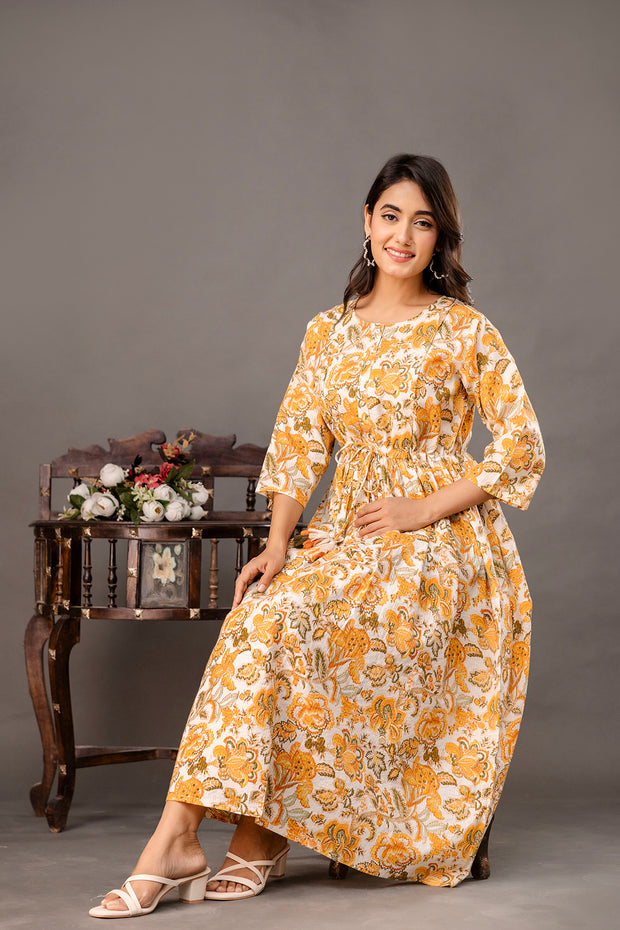 Yellow Printed Maternity Dress for Women