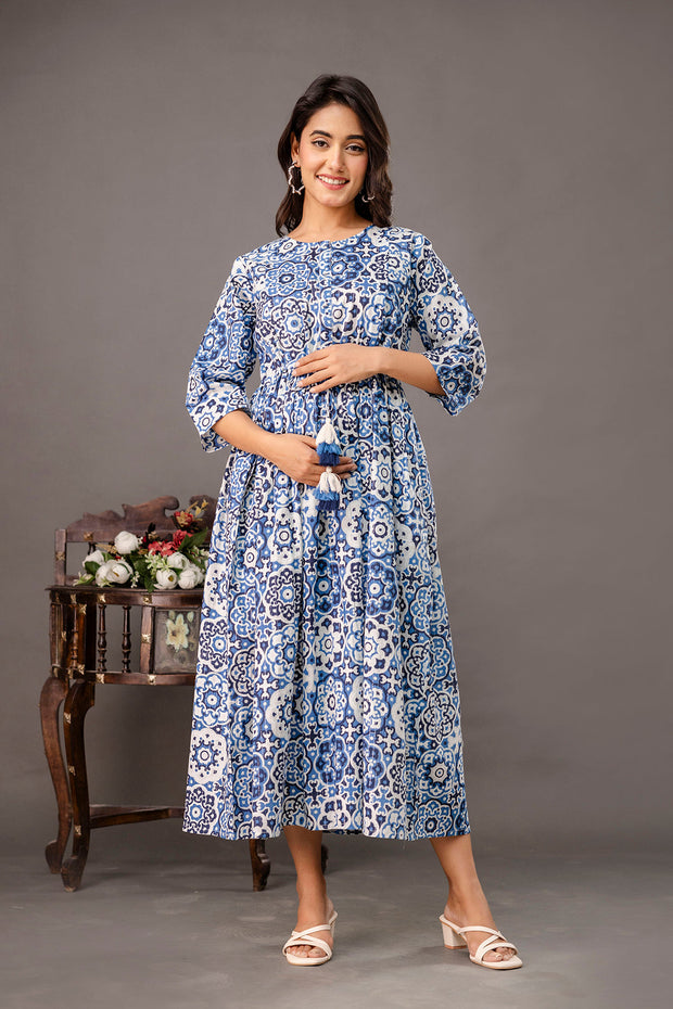 Blue Printed Maternity Dress fro Women