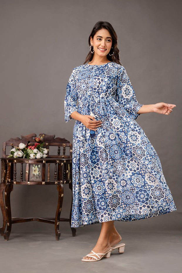 Blue Printed Maternity Dress fro Women