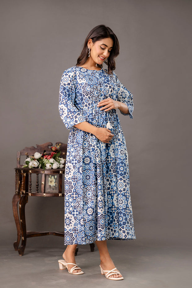 Blue Printed Maternity Dress fro Women