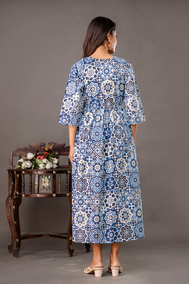 Blue Printed Maternity Dress fro Women