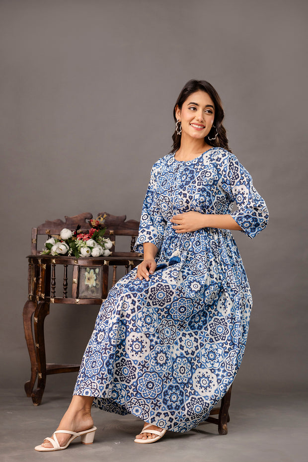 Blue Printed Maternity Dress fro Women