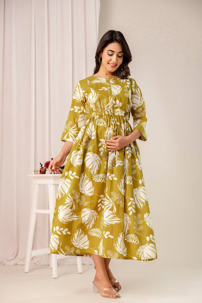 Olive Tropical Printed Maternity Dress for Women
